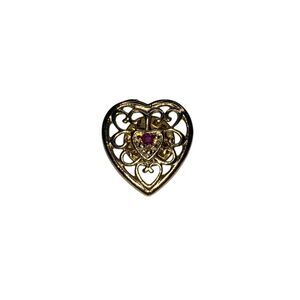 Vintage Gold Tone Filigree Heart Brooch Red Center Stone Openwork Pin Jewelry